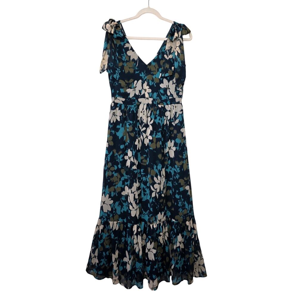 NWT LOFT Beige/Teal Floral Ruffle with Shoulder-Ties Dress - Picture 2 of 9
